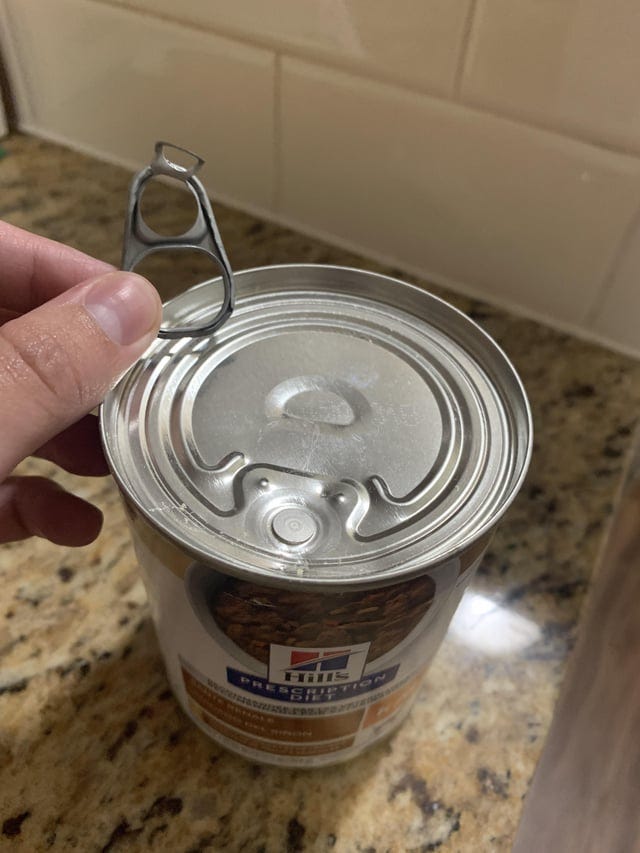 A can where the pull tab has ripped clean off