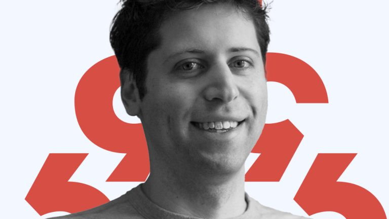 A headshot of Sam Altman placed over red diacritics and a light blue background.