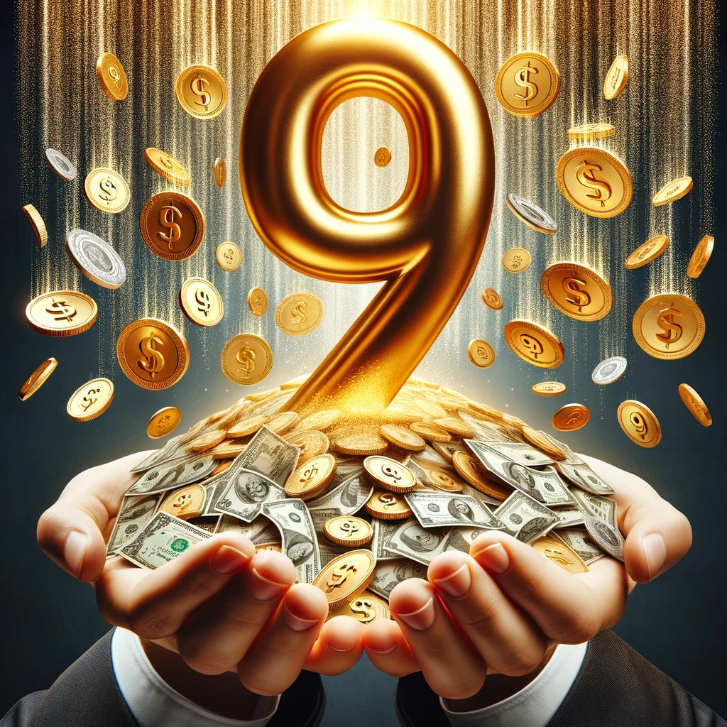 Visualize the concept of a 9% dividend yield in a creative way, featuring a large, golden number 9% at the center surrounded by smaller, silver coins and dollar bills cascading down like a waterfall into an investor's open hands below. This imagery symbolizes the generous return on investment through dividends, with the large 9% representing the high yield and the flowing money representing the continuous income stream from the investment.