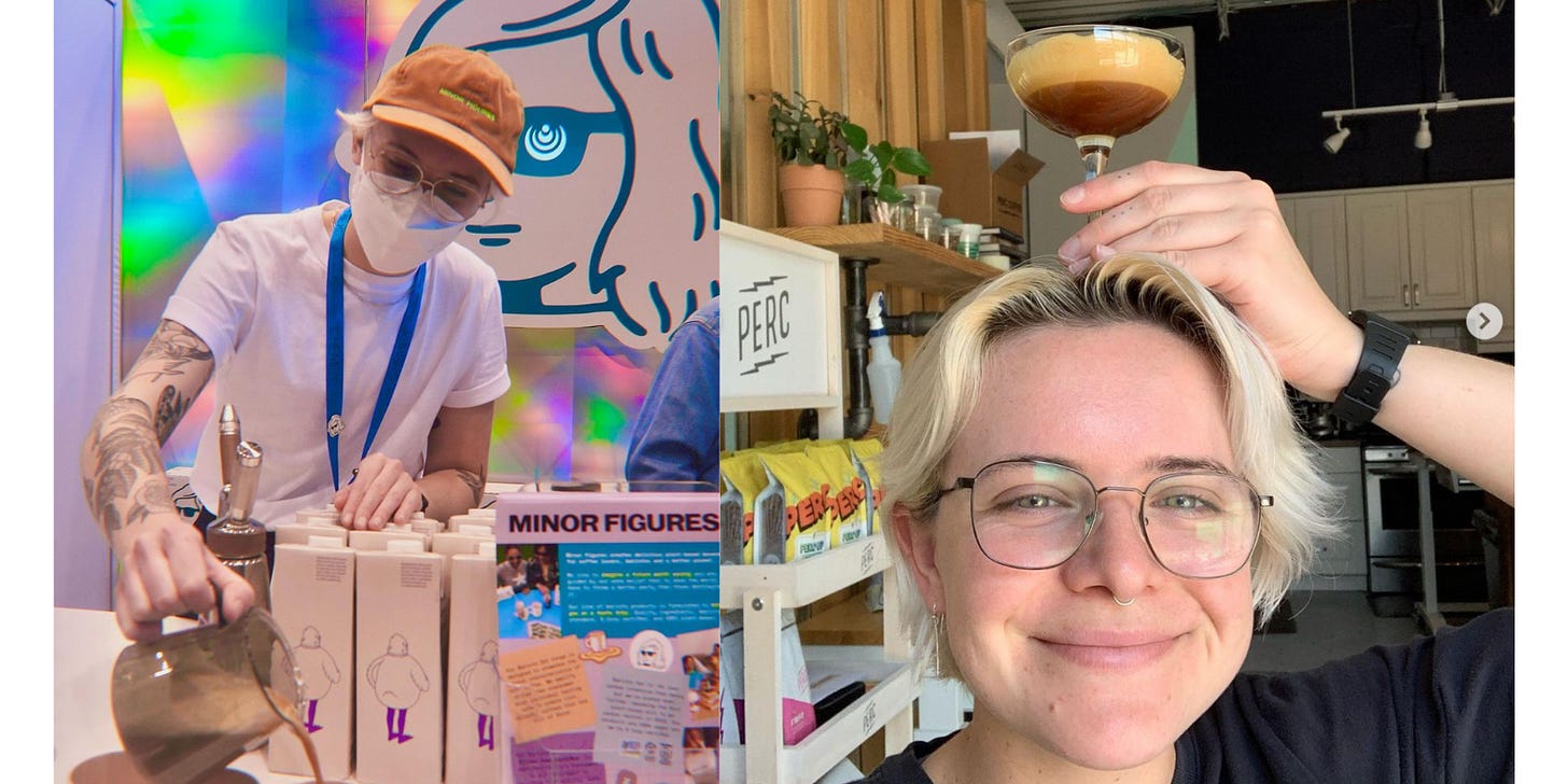 Left: A barista in a white tee, brown cap, and with tattoos on their arm pours coffee into a mug. Right: A blond person wearing glasses smiles at the camera while balancing a coffee cocktail in a glass on their head.