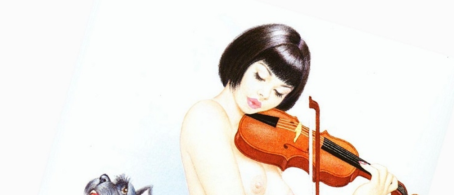 Archie Dickens pin-up with violin and puppy