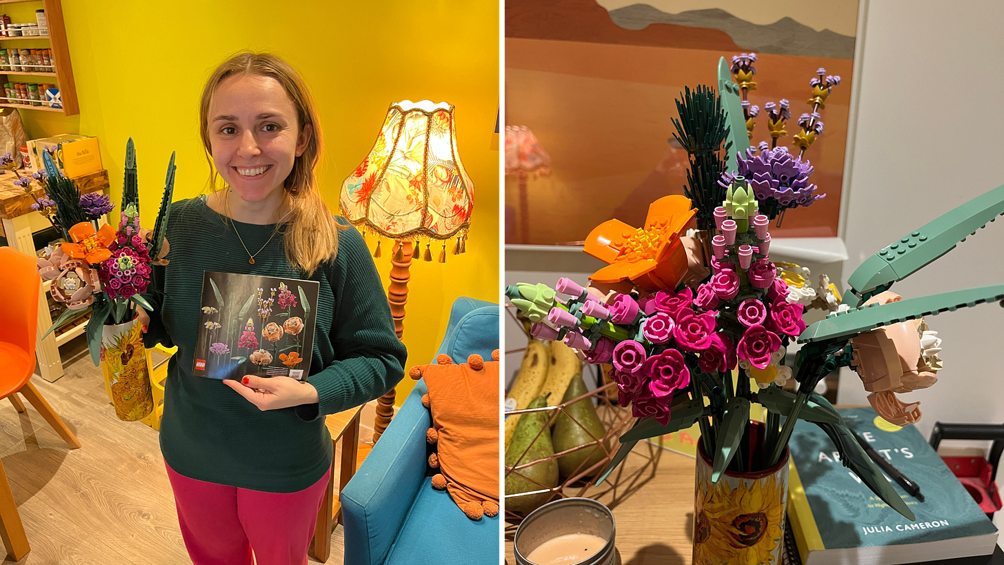 L: Hannah holding her completed Lego flowers in one hand and the instruction booklet in the other. R: a close up of the completed varied Lego flowers in a vase.