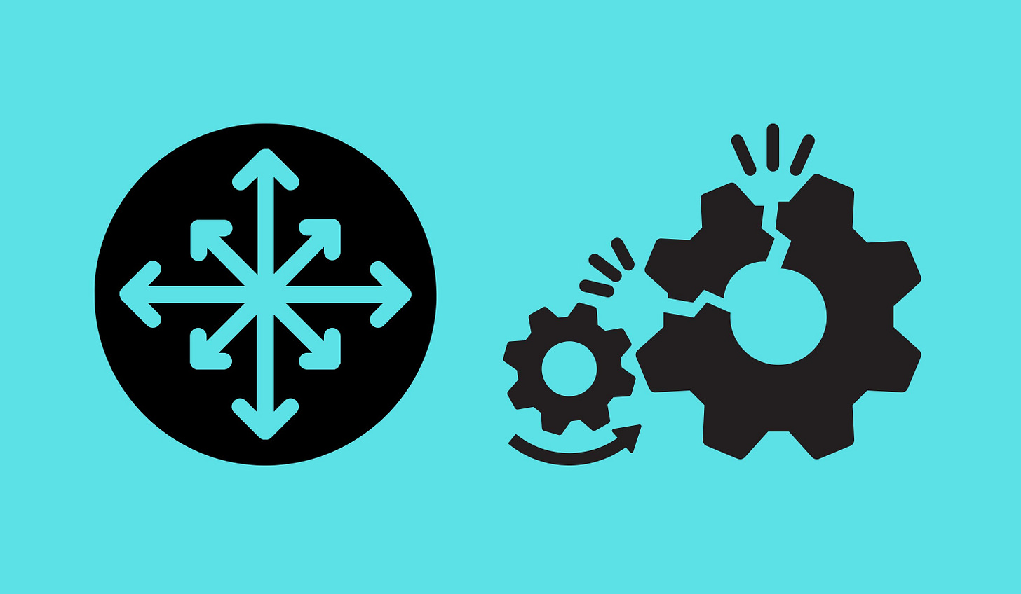 Graphic on left with arrows pointing outward in a circle and on the right of two machine gears with one broken.