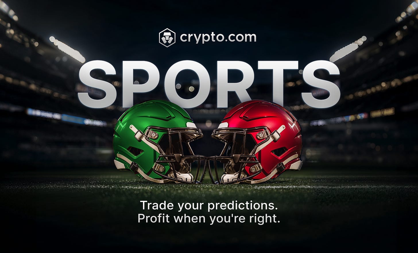 A red and green helmet on a football field. crypto.com SPORTS. Trade your predictions. Profit when you're right.