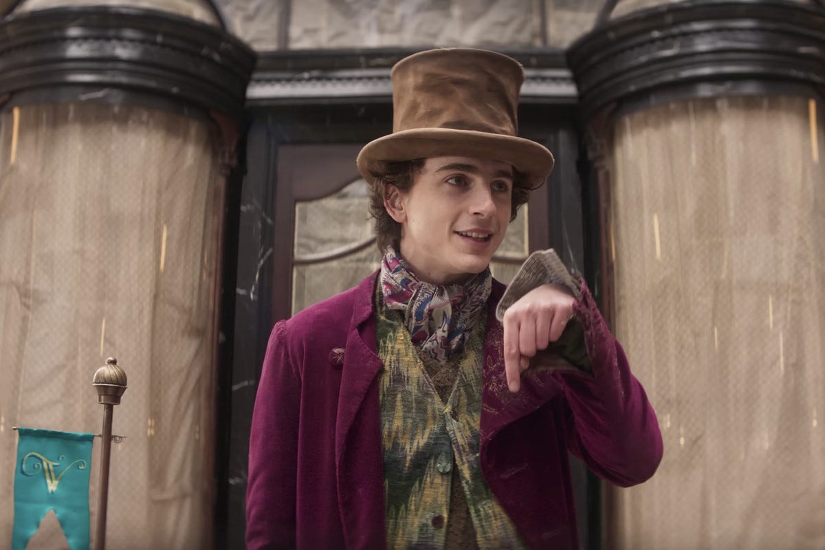 Timothee Chalamet as a young and illiterate Willy Wonka in Wonka (2023).