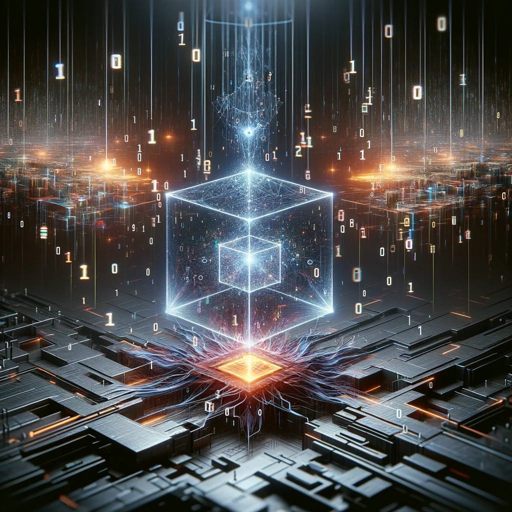 An image symbolizing the BERT (Bidirectional Encoder Representations from Transformers) algorithm in artificial intelligence. The image features a digital, futuristic landscape with a large, central, glowing cube representing the BERT algorithm. Surrounding the cube are abstract representations of neural networks, with lines and nodes symbolizing the complex connections and data processing. In the background, there's a vast array of binary code raining down, symbolizing the massive data processing capabilities of BERT. The overall atmosphere is high-tech and innovative, highlighting the cutting-edge nature of the technology.