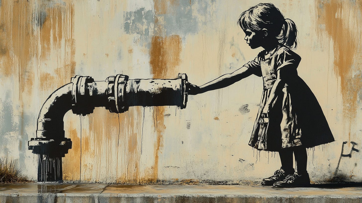 Pipeline with girl, by Banksy (AI)