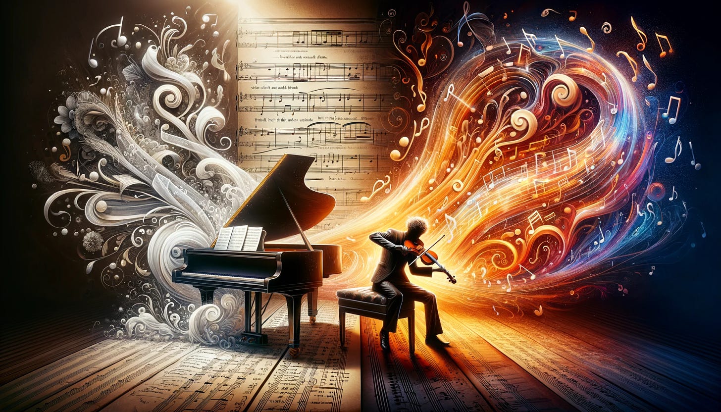 Create a wide hero image that visualizes the concept of contrasting writing styles: one precise and structured like a classical sonata, and the other fluid and improvisational like jazz music. The image should juxtapose an elegant grand piano with orderly sheet music against a spirited violin amidst a swirl of musical notes representing improvisation. The background can reflect an abstract representation of creativity and the writing process, with written words flowing like music, and perhaps a hint of a book or a pen to tie in the act of writing. Include a light and dark side to represent the structured and freeform aspects of writing. The image should inspire a sense of the artistry and emotion involved in the craft of writing.