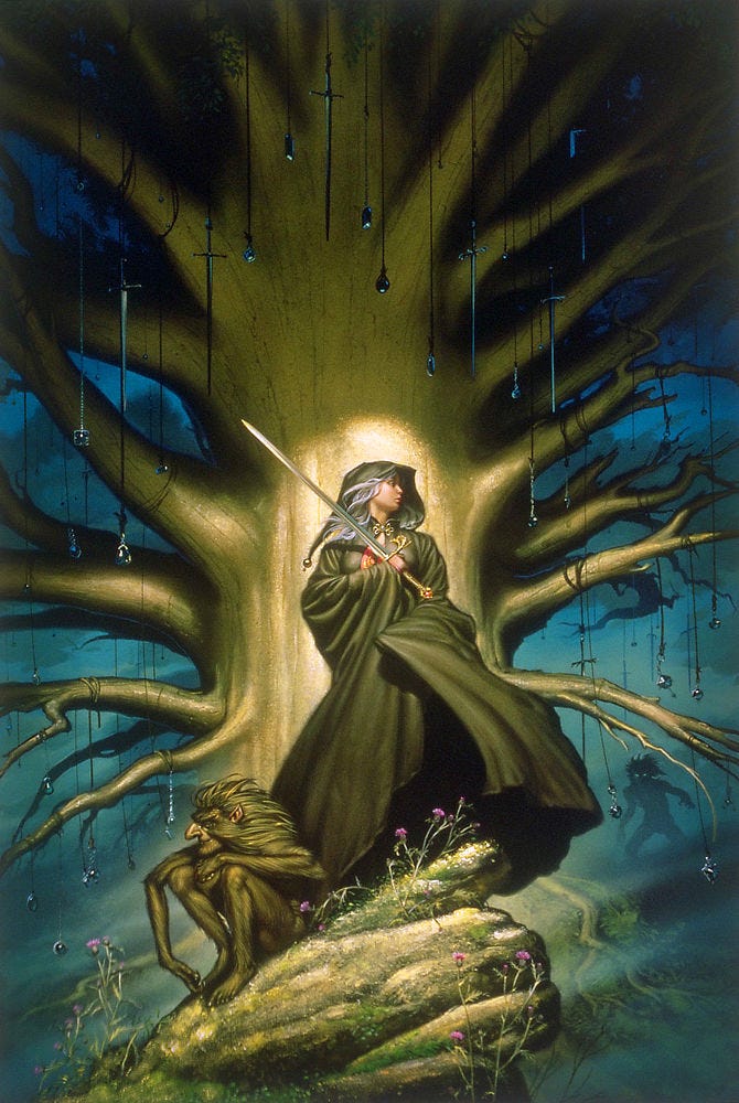 An olive cloaked figure with white hair grips an elegant sword with flourished hilt so that it angles over her shoulder. She stands in profile illuminated against a tree of wide girth. Its bark glitters like gold as dozens of dark jewels and downward pointing swords hang by strings from its branches. Next to her on a mossy rock strewn with pink wildflowers sits the gruagach, a shaggy brown creature of fae. To their right in the distance is a menacing silhouette, human in shape but with glowing green eyes and wild hair.