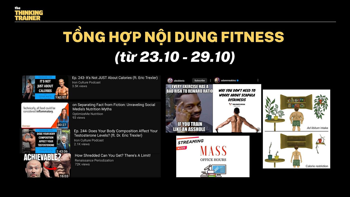 Có thể là hình ảnh về ‎8 người và ‎văn bản cho biết '‎THINKING TRAINER Tá»NG HỢP NỘI DUNG FITNESS (từ23. 29.10) 243- JUSTABOUT CALORIES UST About Calories i Trexler) 45:07 Technically,a considered inflammatory. ه EVERY EXERCISE HAS BAD RISKT REWARD RATIO adammeakins iction: Unraveling Soc al 40:27 OE WORRY SCAPULA DYSKINESIS ÛH Body omposi Trexler) Your LIKEAN ASSHOLE ACHIEVABLE? Can You Get? here'sLi! dlibitum intake STREAMING LIVE MASS OFFICE HOURS Calorie restriction‎'‎‎