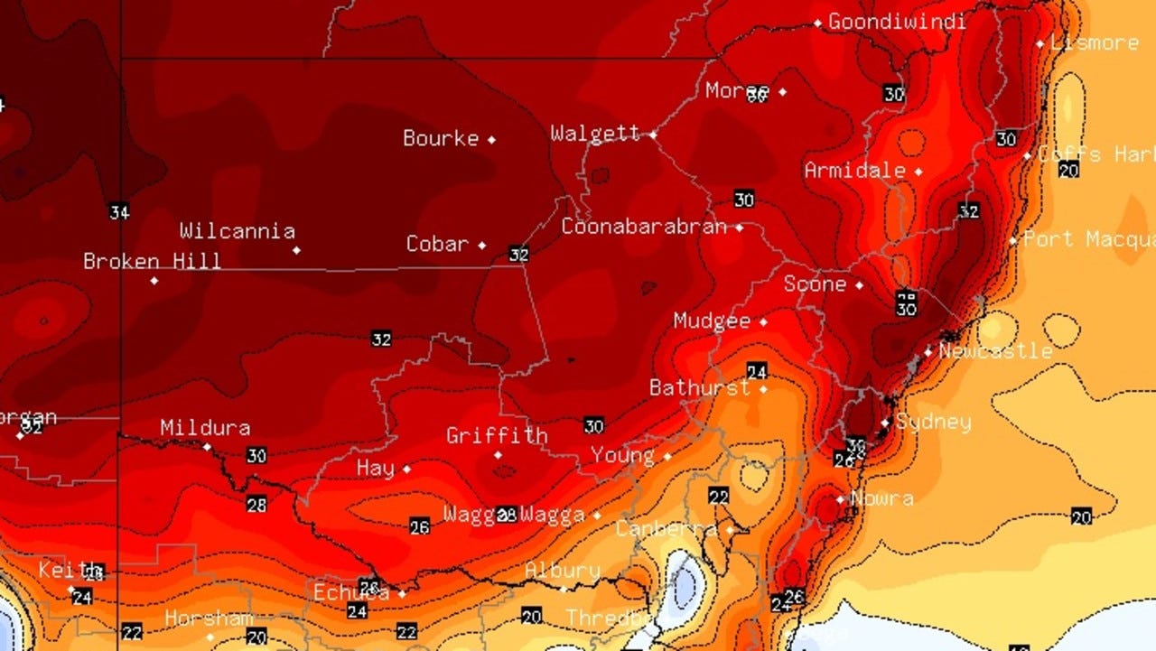Temperatures forecasts for NSW at 1pm on Sunday. Parts of the state have been warned to brace for potentially severe heatwaves over the coming week. Picture: Supplied / BSCH
