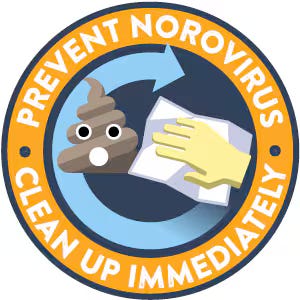 CDC norovirus label saying prevent norovirus clean up immediately and it shows a gloved hand with a paper towel ready to wipe in the clockwise direction indicated around the poo emoji. Caption from CDC website says always clean well and disinfect the entire area immediately after someone vomits or has diarrhea.