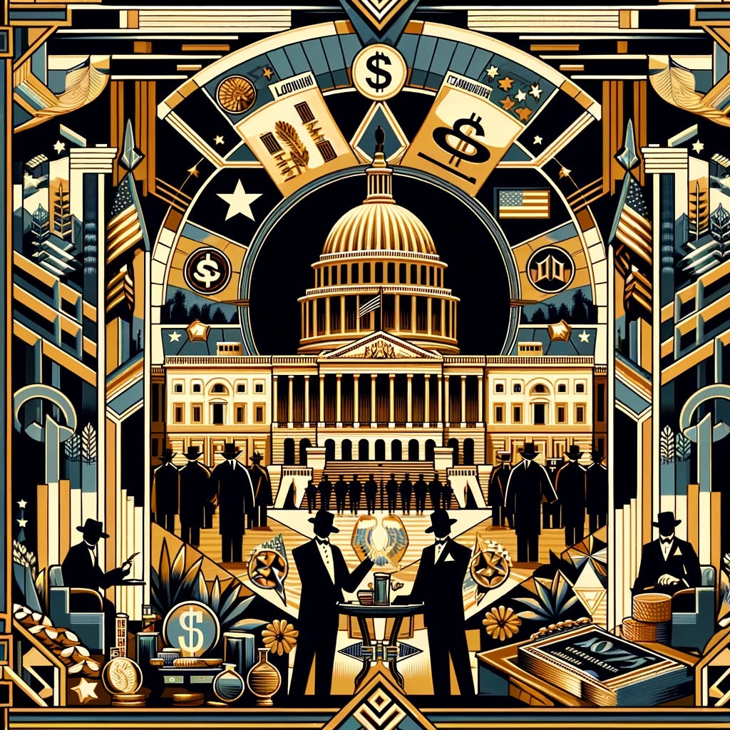 An Art Deco style illustration depicting the theme of political lobbying and public policy making in the United States. The scene includes iconic symbols like the Capitol building, a figure representing a lobbyist or political agitator, and elements indicating campaign financing and influence. The imagery should reflect the complexities and intricacies of policymaking and lobbying, with an emphasis on elegant, geometric Art Deco designs. The color palette should be bold and striking, typical of the Art Deco era, with a mix of gold, black, and deep blues. The overall composition should be sophisticated and thought-provoking, encapsulating the theme of the paragraph.