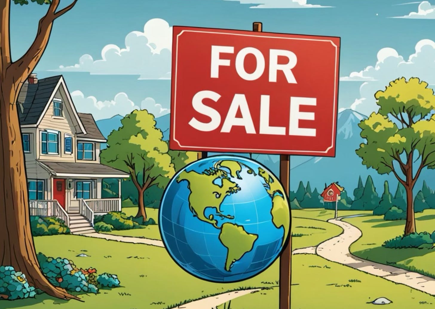 a cartoon of a house for sale but also the planet is for sale