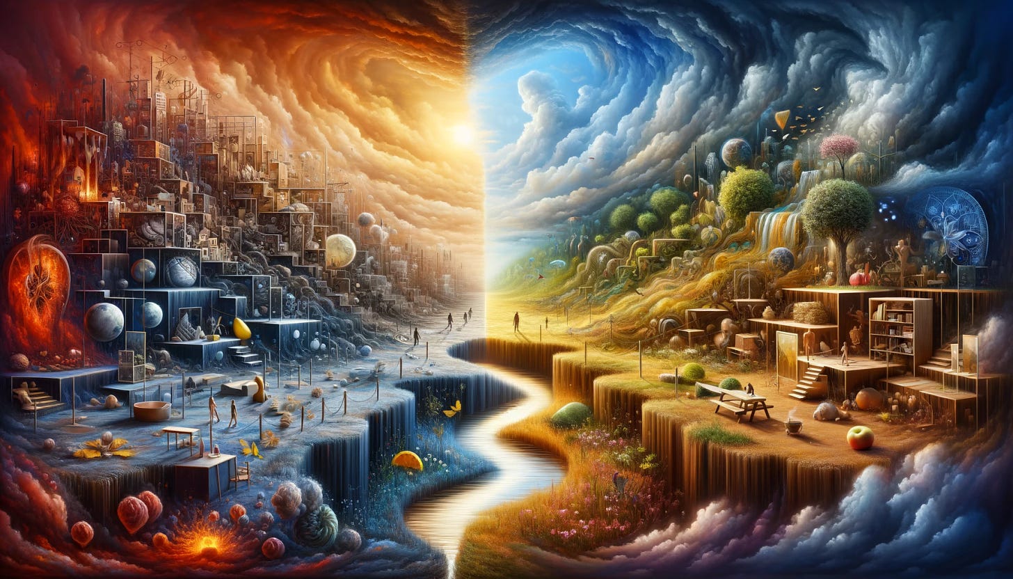 A surreal landscape reflecting the complexity of thoughts and emotions. The scene is divided into two contrasting halves: one side depicts a chaotic, cluttered environment, symbolizing mental confusion and the impact of external influences like diet and societal pressures. The other half shows a serene, harmonious setting, representing clarity, peace, and personal fulfillment. The two halves are connected by a winding path, illustrating the journey from confusion to clarity and the search for balance in life.