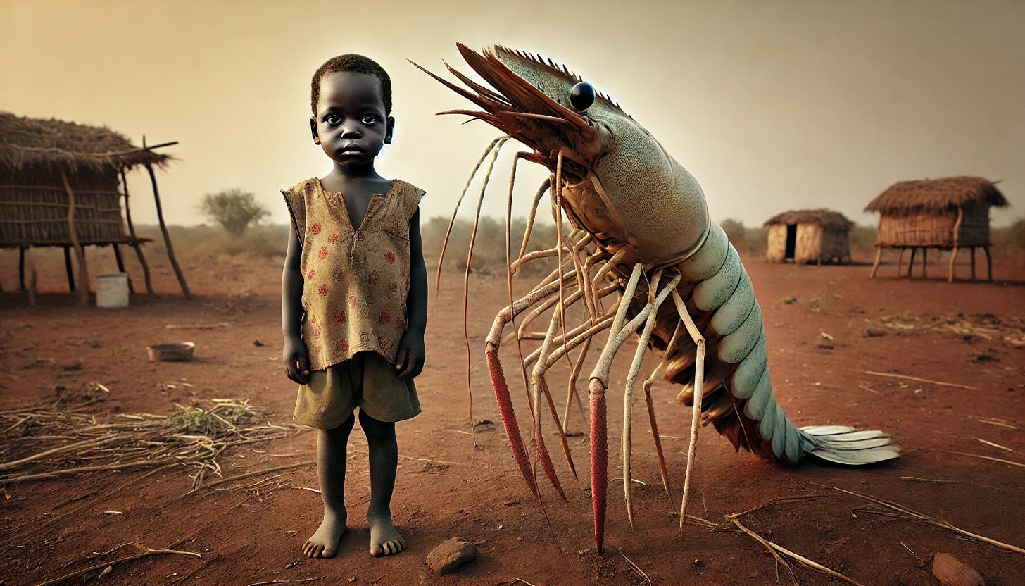 A young African child standing in a dry, rural landscape, facing the viewer with a quiet, pleading expression. The child is barefoot, wearing worn but intact clothing, with dusty skin. Next to the child stands a large anthropomorphic shrimp, about the same height as the child, with expressive eyes and a gentle posture. The shrimp has a humanoid body with shrimp-like features: segmented limbs, antennae, and a shell texture. It stands supportively beside the child. The background includes dry earth, sparse vegetation, distant huts or makeshift shelters, under a warm, hazy sky. The scene is respectful and symbolic, in a wide-angle view.