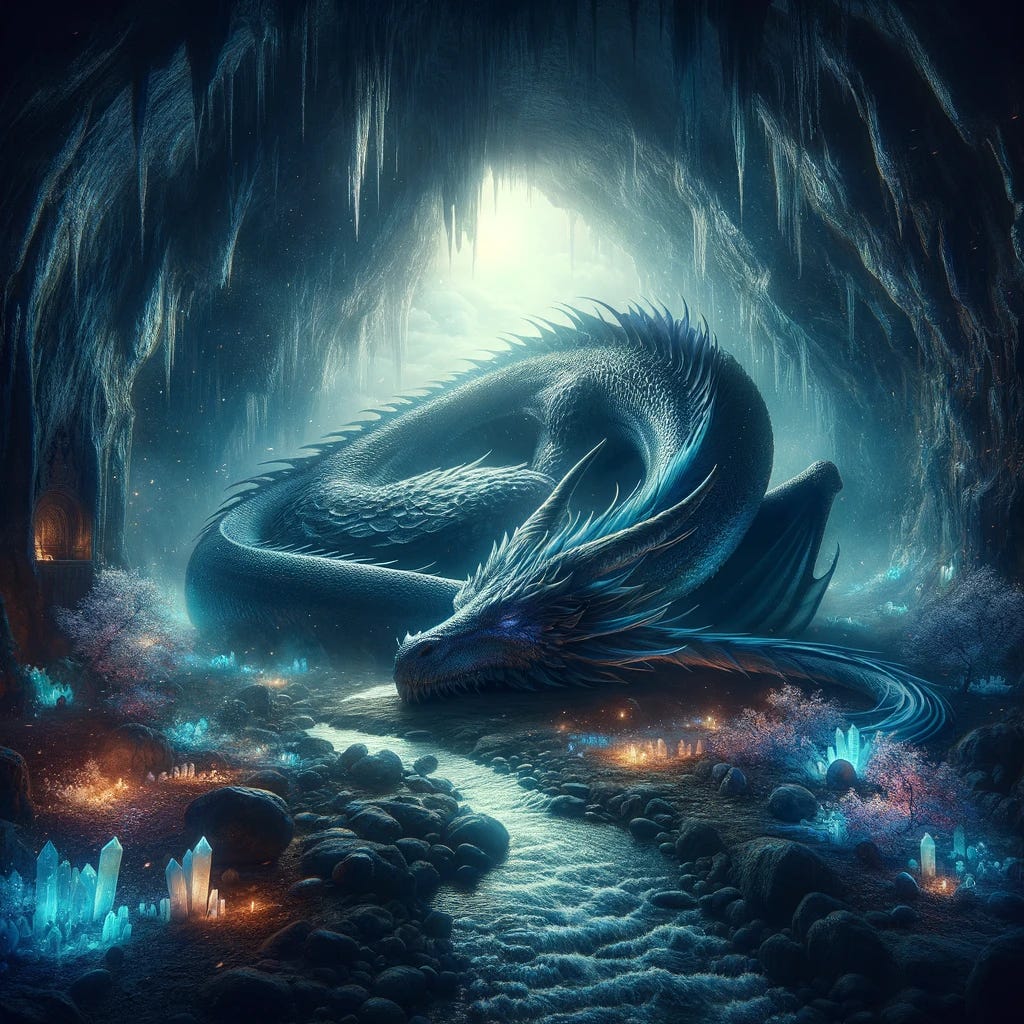 Create a powerful and evocative image that visualizes the phrase 'Don't Wake The Dragon, I Don't Want To Be Angry.' Imagine a scene that balances on the edge of tranquility and impending turmoil. The focal point is a majestic, serene dragon, its scales shimmering in hues of deep blues and purples, lying coiled and asleep in a mystical cave. The cave is lit by a soft, ambient light that reflects off the dragon's scales, creating a peaceful yet potent atmosphere. Surrounding the dragon are symbols of peace and calm, such as gentle streams of water, glowing crystals, and delicate flora, emphasizing the dragon's current state of rest. However, the air carries a tension, suggested by faint, ominous shadows and a slight, uneasy stirring in the environment, hinting at the dragon's power and the chaos that its awakening could unleash. This image embodies the delicate balance between peace and the potential for rage, capturing the essence of the warning 'Don't Wake The Dragon, I Don't Want To Be Angry.'