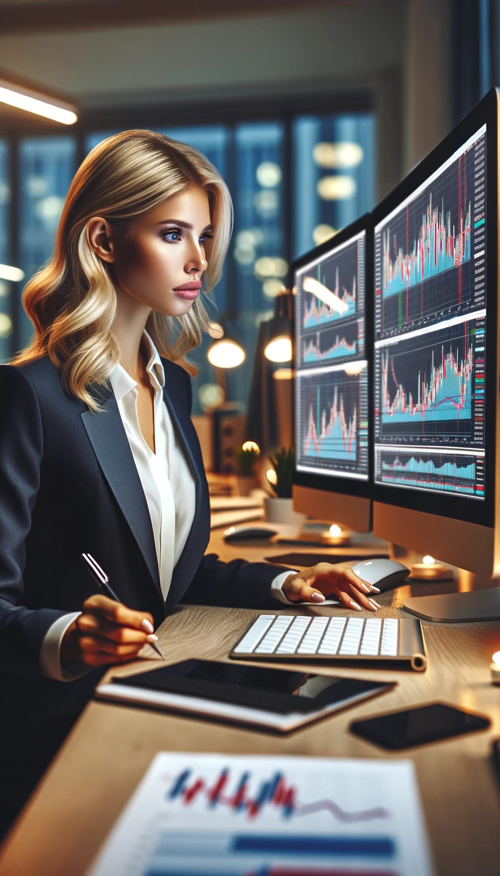 A beautiful blonde woman focused on analyzing her stocks. She's sitting in a modern office, surrounded by multiple computer screens displaying colorful stock charts and graphs. She's wearing a professional suit, her hair neatly styled, and she's intently studying the data, making notes on a pad. The office has a sleek, contemporary design, with a large window showing a city skyline in the background. The atmosphere is one of concentration and professionalism.