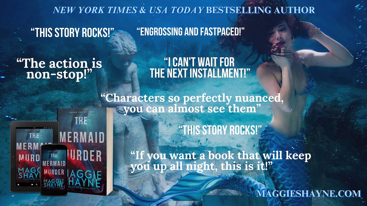 A distressed mermaid in an underwater scene with rave reviews for the book, and the book cover of The Mermaid Murder