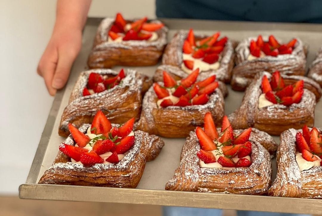 Danish pastries filled with strawberries at Pump Street Bakery in Orford
