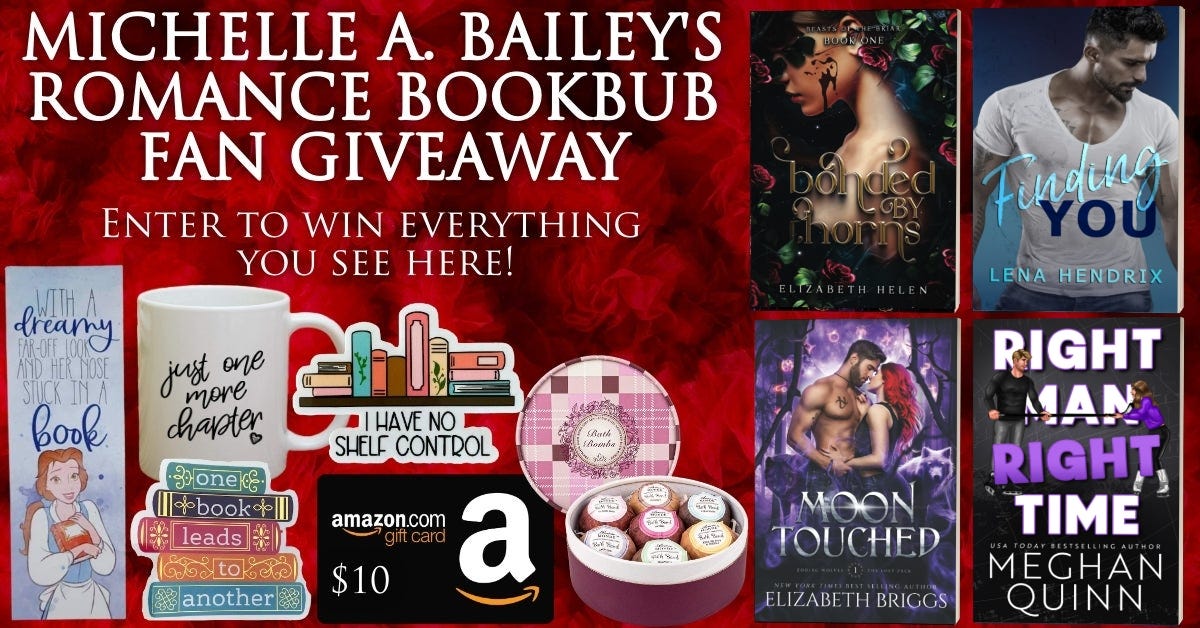 Bookmark, stickers, mug, Amazon gift card, bath bomb, and four books as giveaway prizes in Michelle A. Bailey's Romance Bookbub Fan Giveaway