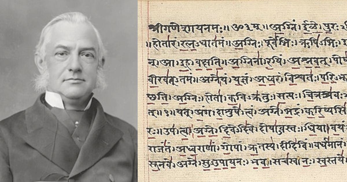 A later-life portrait of Müller, with his floofy mutton chops tapering well below his earline, is placed next to text from the Vedas.