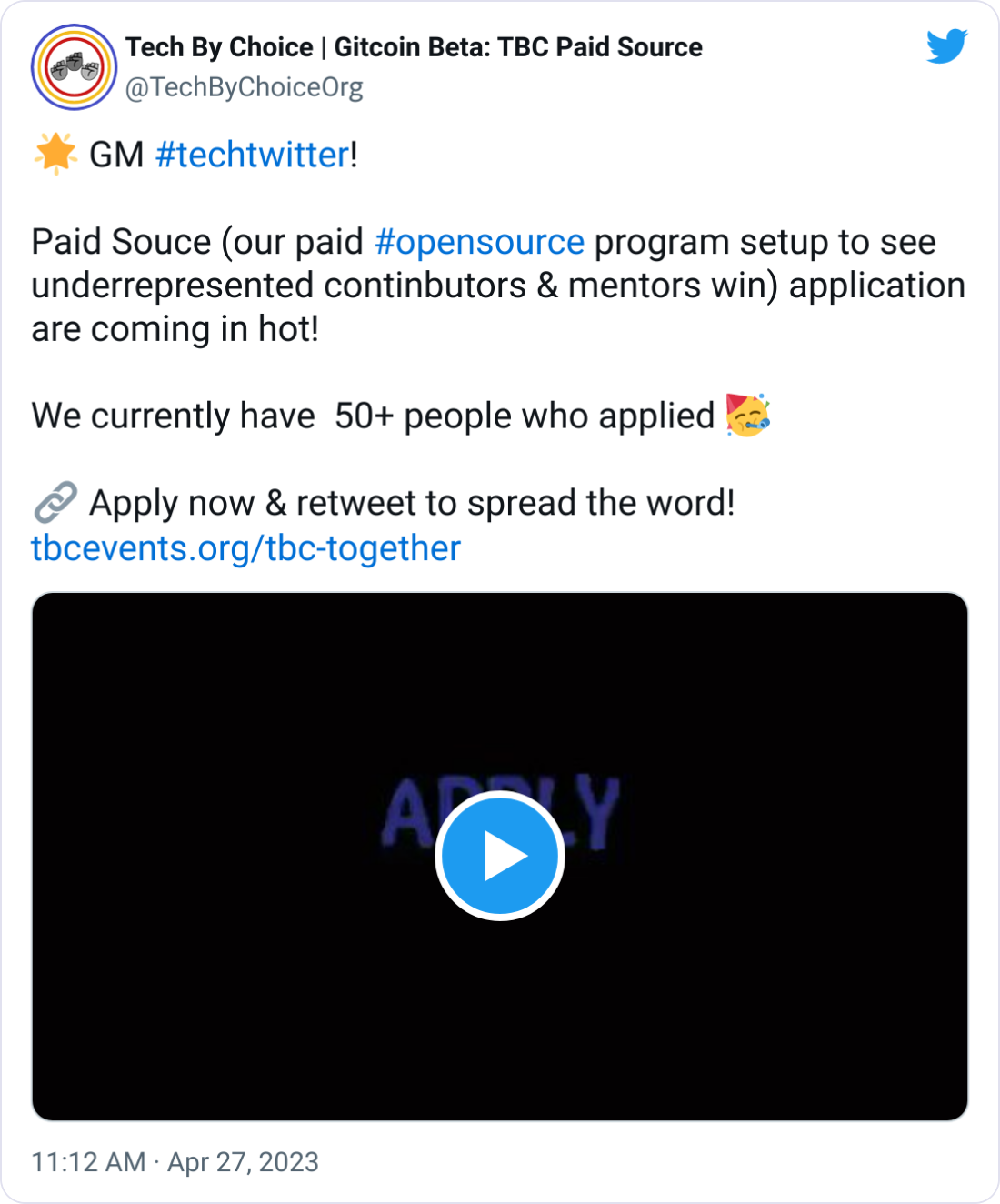 Tech By Choice | Gitcoin Beta: TBC Paid Source @TechByChoiceOrg 🌟 GM #techtwitter!   Paid Souce (our paid #opensource program setup to see underrepresented continbutors & mentors win) application are coming in hot!  We currently have  50+ people who applied 🥳  🔗 Apply now & retweet to spread the word! https://tbcevents.org/tbc-together