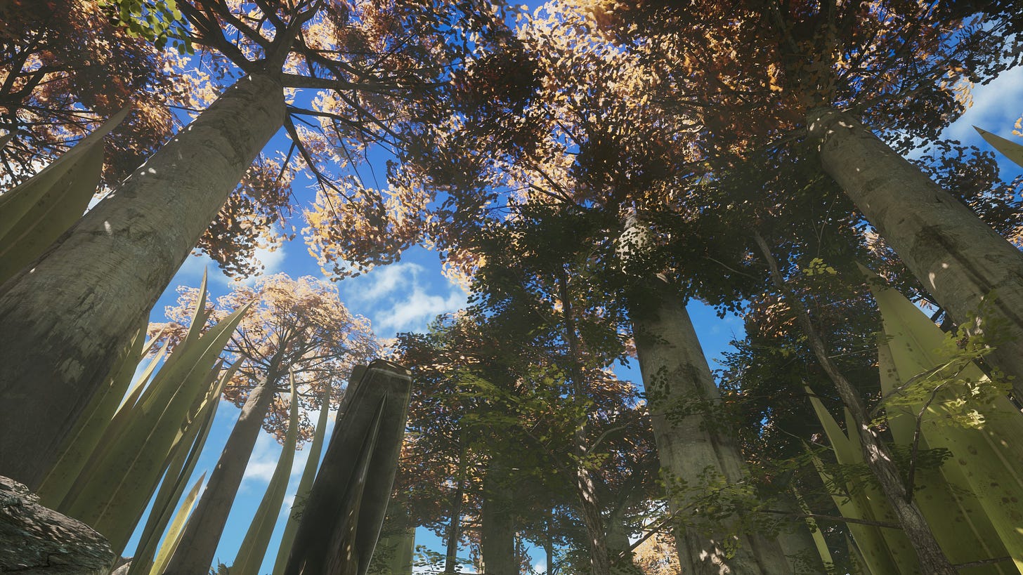 A screenshot of the remake Riven (2024) showing a forest against the blue sky.