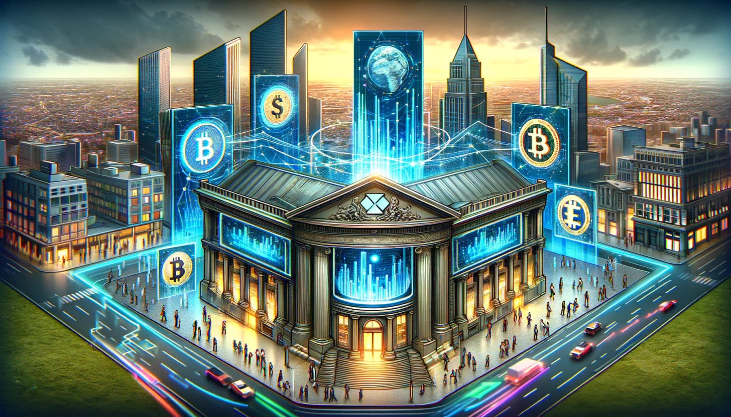 Visualize a modern cityscape where a groundbreaking financial technology is being introduced, merging traditional finance (TradFi) and decentralized finance (DeFi). In the foreground, there's a large, impressive building symbolizing the company leading this initiative. The architecture blends classic financial institution styles with futuristic elements, indicating the fusion of old and new. It's surrounded by digital displays showing tokenized versions of major currencies, each backed by cash held at central banks. These displays are vibrant, featuring flowing digital graphics and cryptocurrency symbols. Around the building, people of various backgrounds are gathered, some engaging with digital devices, representing the diverse audience affected by this integration. The backdrop shows a dynamic city skyline, symbolizing the fast-paced world of finance. This scene captures the essence of integrating blockchain technology into mainstream financial operations.