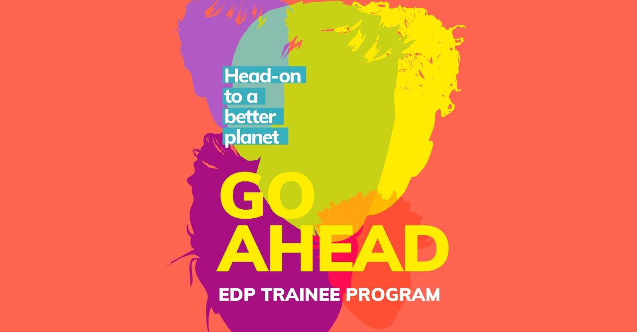 Head-on to a better planet. Go ahead. EDP Trainee Program. Ilustração com sombras coloridas de rostos.