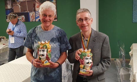 Michael Adams (right) and John Nunn with their trophies at the world senior championships in Terrasini, Sicily.