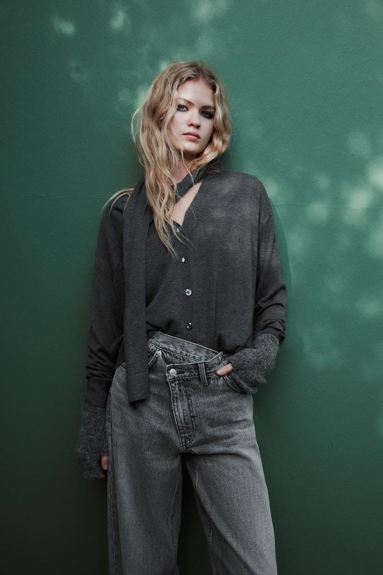 Zara SCARF COLLAR KNIT CARDIGAN - Gray - Image 1