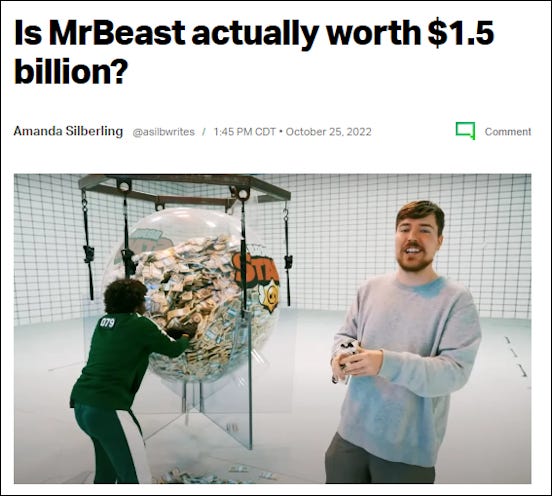 A screenshot of an article saying MrBeast is worth 1.5 Billion dollars