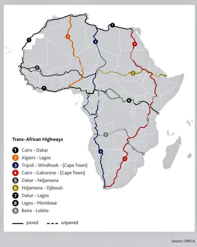 A map showing the partial highways that go across Africa from north to south, and east to west