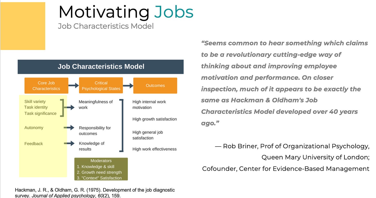 Flow chart illustrating the Job Characteristics Model, with a quote endorsing it by Prof Rob Briner