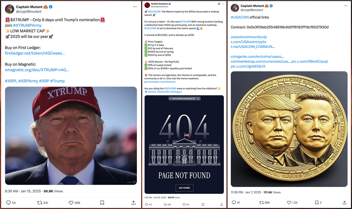 screenshot of three posts from @crypt0mutant and @nodexsolutions advertising politically-themed random crypto coins