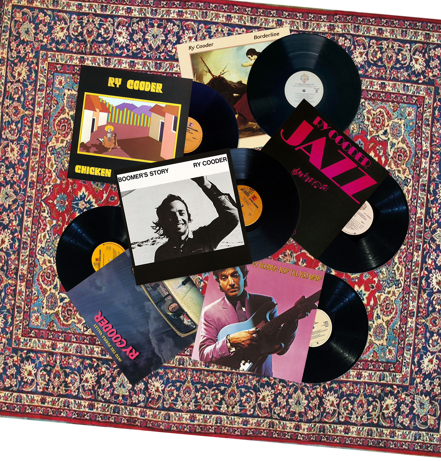 Photo collage of six early Ry Cooder records spilling out of their sleeves against a Persian carpet background.