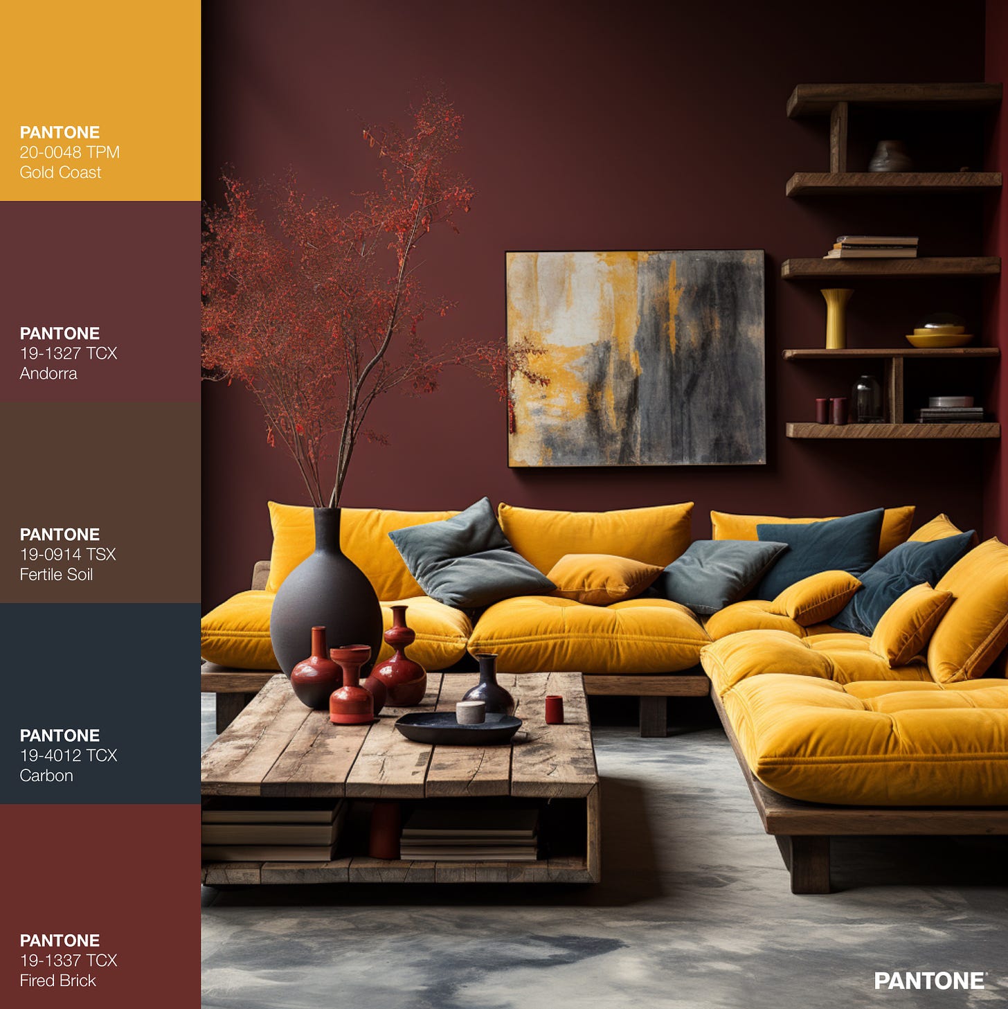 Rustic living room with yellow sofa and chocolate brown wall