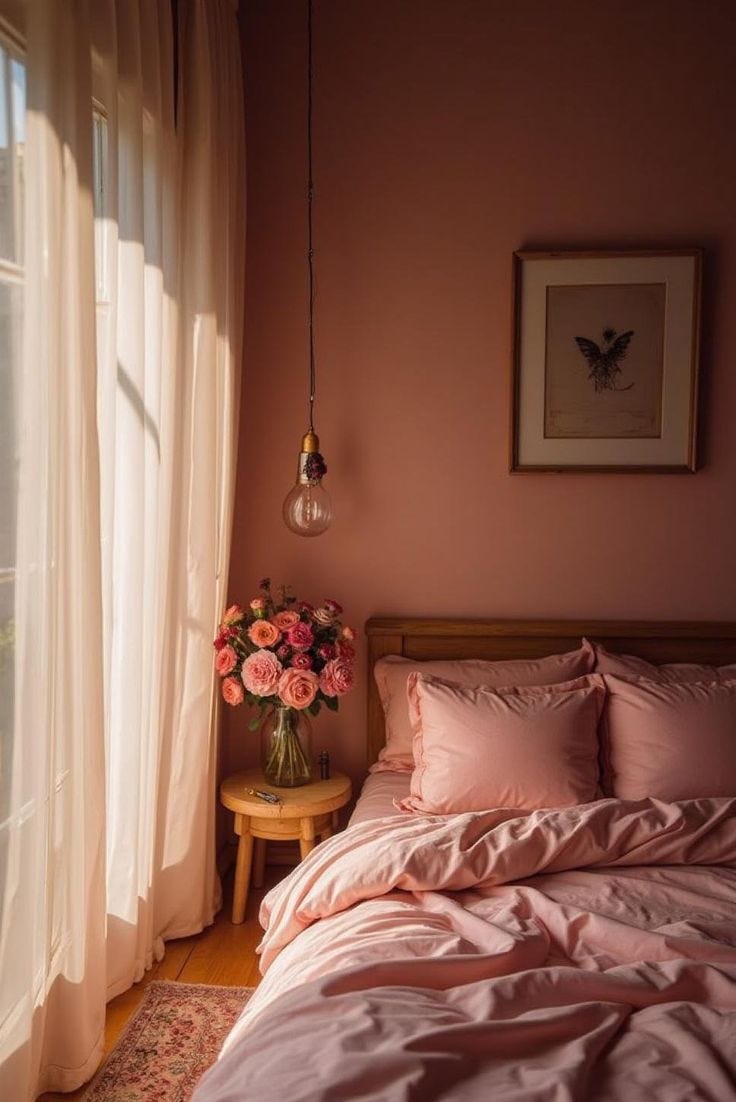 This may contain: a bed sitting next to a window with pink sheets and pillows on top of it