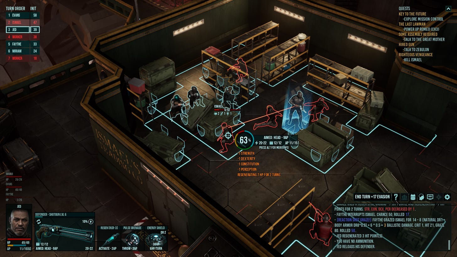 A screenshot of the game Colony Ship: A Post-Earth Role Playing Game, showing the turn-based combat at the last stages of a firefight where the follower Jed exacts vengeance on the NPC called Ismael.