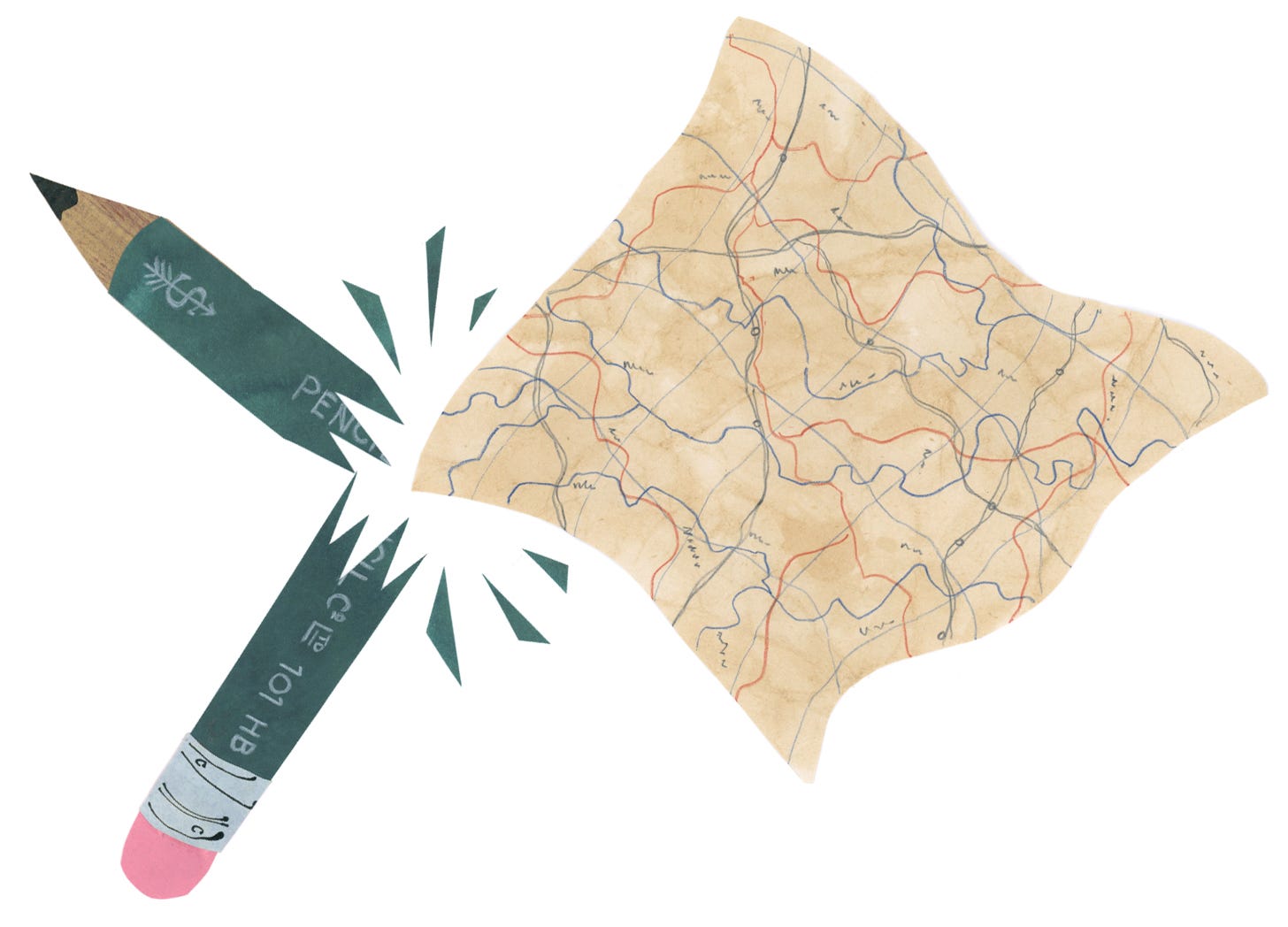 collage illustration of a green pencil broken in half with an open map spilling out