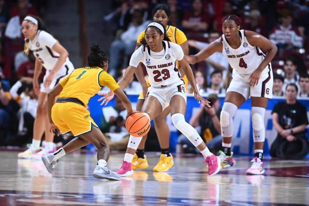 COLUMBIA, SC - MARCH 17: Bree Hall #23 of the South Carolina Gamecocks guards Deja Francis #1 of the Norfolk State Spartans during the first round of the 2023 NCAA Women's Basketball Tournament held at Colonial Life Arena on March 17, 2023 in Columbia, South Carolina. (Photo by Tim Cowie/NCAA Photos via Getty Images)