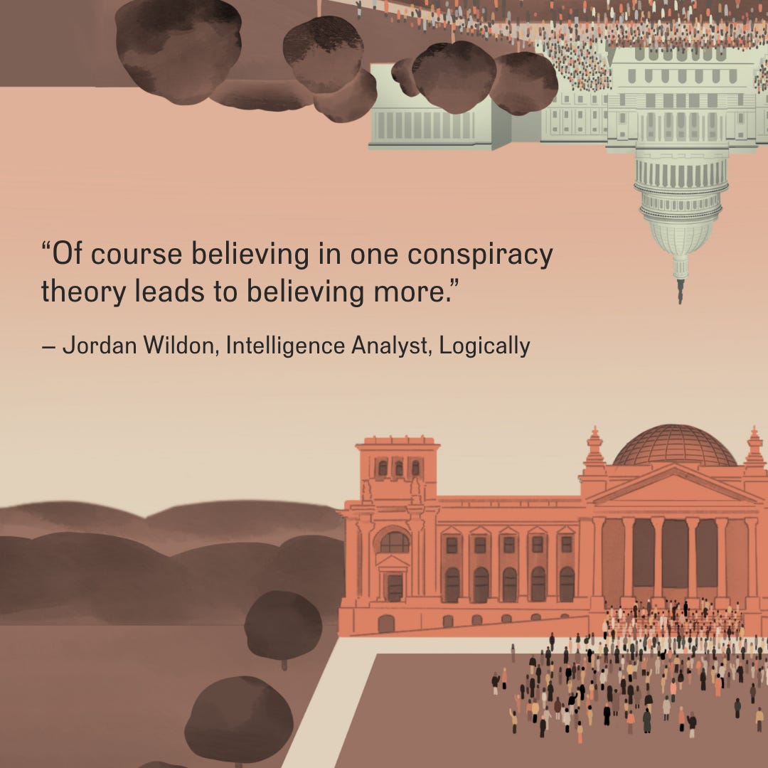 An illustration depicting at the top the US Capitol turned upside down with crowds of people outside. On the bottom, there is an illustration of the German Reichstag with a crowd in front of it. In between text reads, "'Of course believing in one conspiracy theory leads to believing more.' —Jordan Wildon, Intelligence Analyst, Logically"
