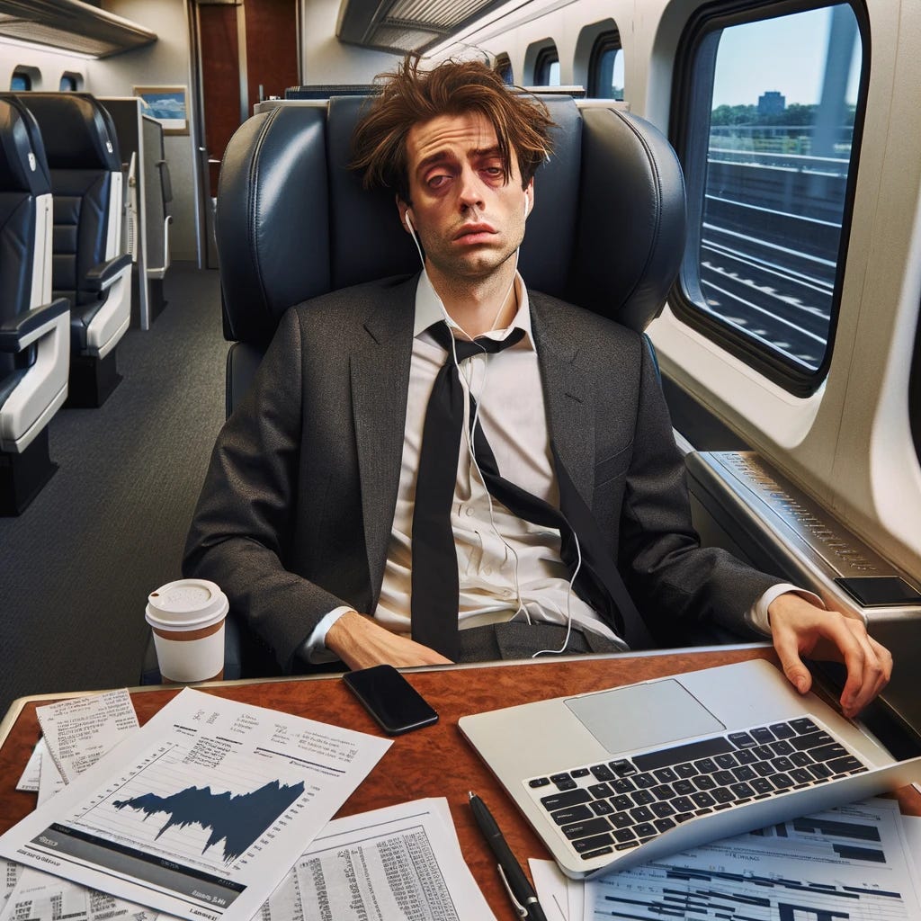 A tired private equity associate riding the Acela Express train. The associate is wearing a business suit, looking exhausted, with disheveled hair and bags under their eyes. They are sitting in a comfortable train seat, surrounded by scattered financial papers and a laptop open with financial charts on the screen. The interior of the train is modern and sleek, characteristic of the Acela Express. The scene conveys a sense of weariness and the demanding nature of their job.