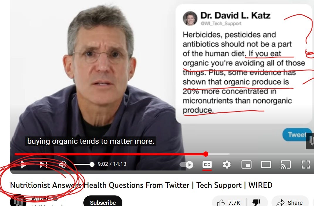 May be an image of 2 people and text that says 'Dr. David L. Katz ©WI Tech Support Herbicides, pesticides and antibiotics should not be part of the human diet. If you eat organic you're avoiding all of those things. Plus, some evidence nas shown that organic produce is 20% more concentrated in micronutrients than nonorganic produce. buying organic tends to matter more. 9:02 14:13 Tweef Nutritionist Answe CC Health Questions From Twitter Subscribe Tech Support WIRED 7.7K Share'