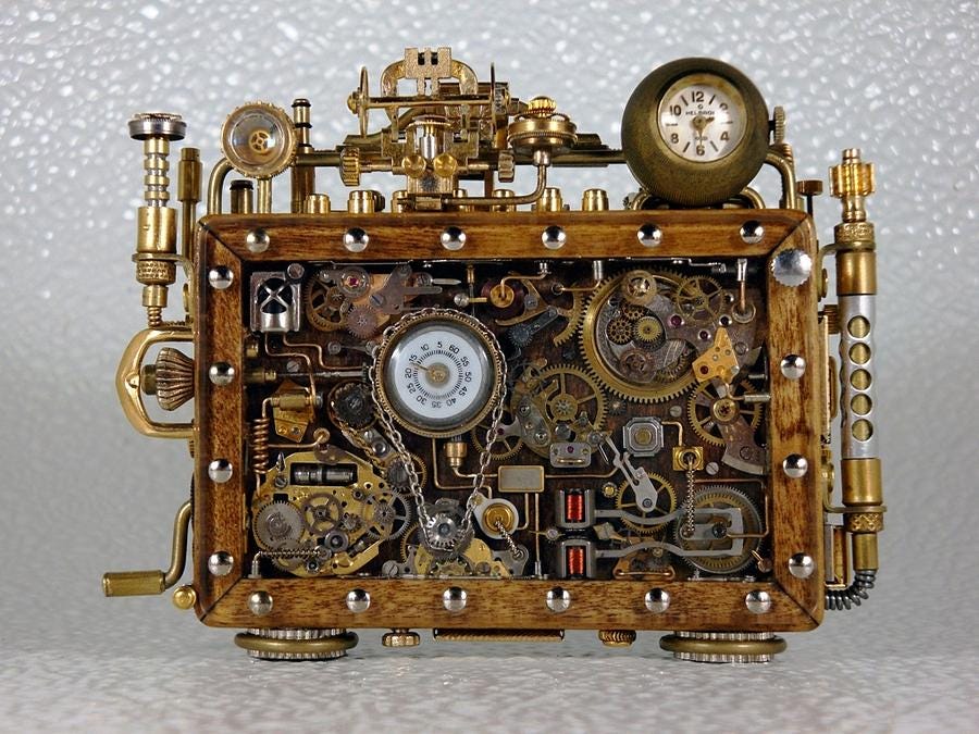 A wood and metal sculpture of a time machine featuring a variety of dials, cogs, and other hardware.