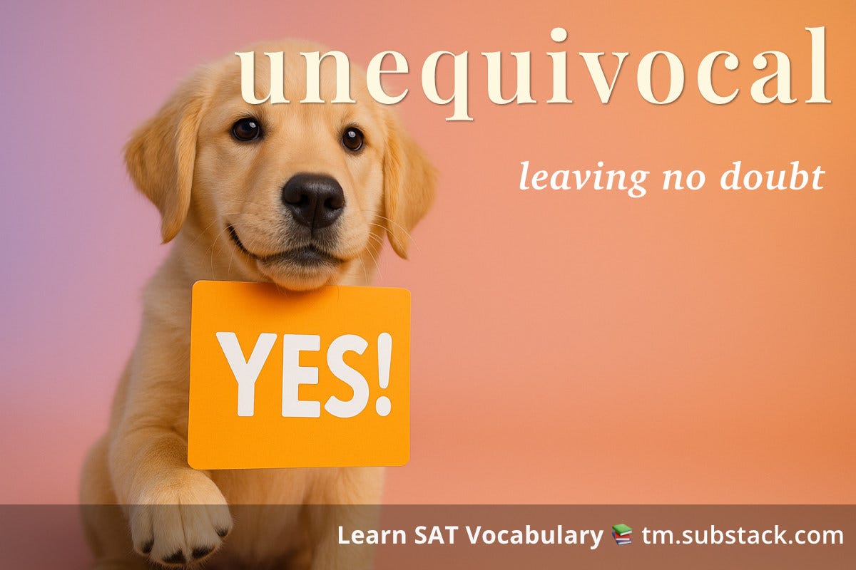 Illustration of a golden retriever puppy holding a clear sign saying "Yes!"; used to illustrate the SAT word 'unequivocal'.