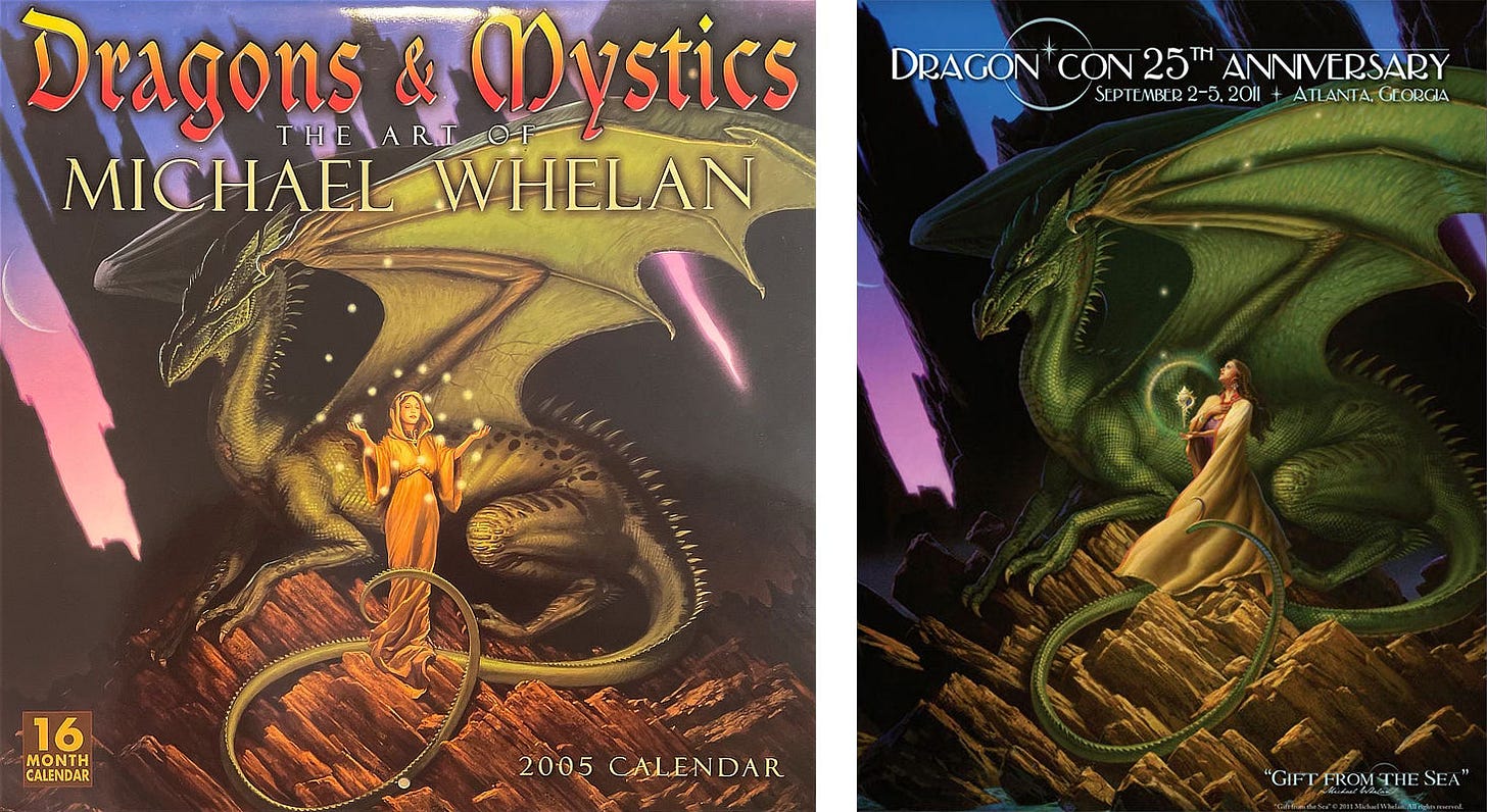 LEFT: 2005 Dragons & Mystics: The Art of Michael Whelan Calendar featuring the original version of GIFT FROM THE SEA. The figure faces forward with the hood of her cloak up. She is juggling a spiral of lights that unravel like the pattern of a nautilus shell.  RIGHT: DragonCon 25th anniversary program featuring the finished version of GIFT FROM THE SEA. The figure holds a hand to her chest as a conch shell floats over her other palm with an arc of light around it.