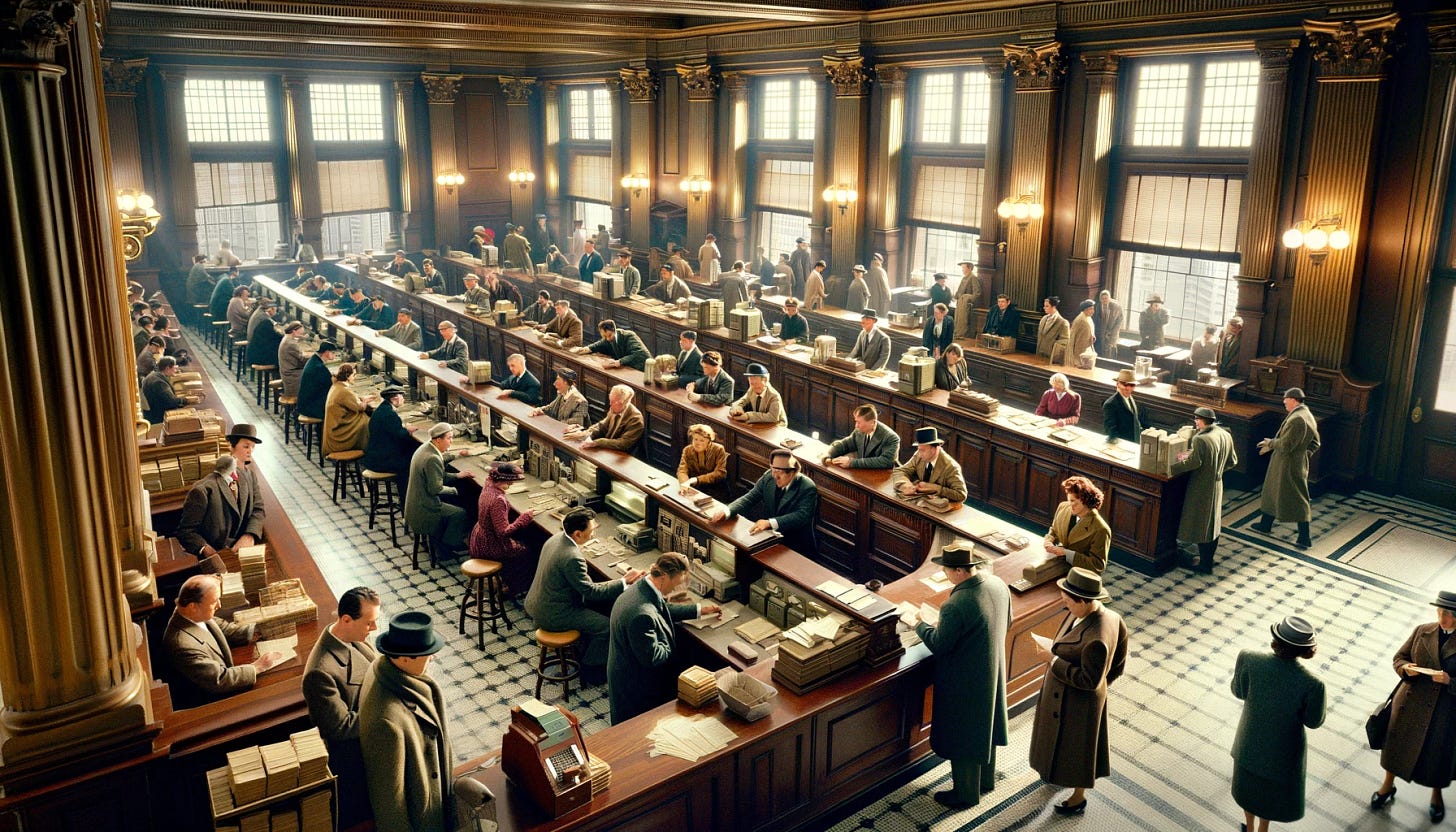 Interior of a busy bank resembling a scene from the 1940s film "It's A Wonderful Life." The bank is bustling with activity, featuring vintage furnishings. There are several bank tellers behind a long wooden counter, serving a diverse crowd of people in period attire. The architecture reflects an early 20th century American style, with high ceilings, decorative columns, and large windows letting in soft light. The scene captures a moment of day-to-day business, with people depositing money, consulting with tellers, and filling out forms.