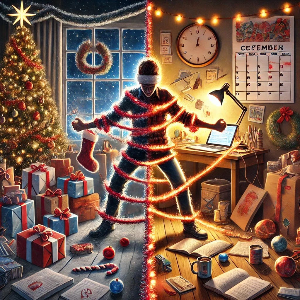 A person wrapped in red tinsel with some tension in it, straddling a line between a room with a Christmas tree and gifts and an office space with creative work everywhere, conveying the tension between the two activities and worlds. 